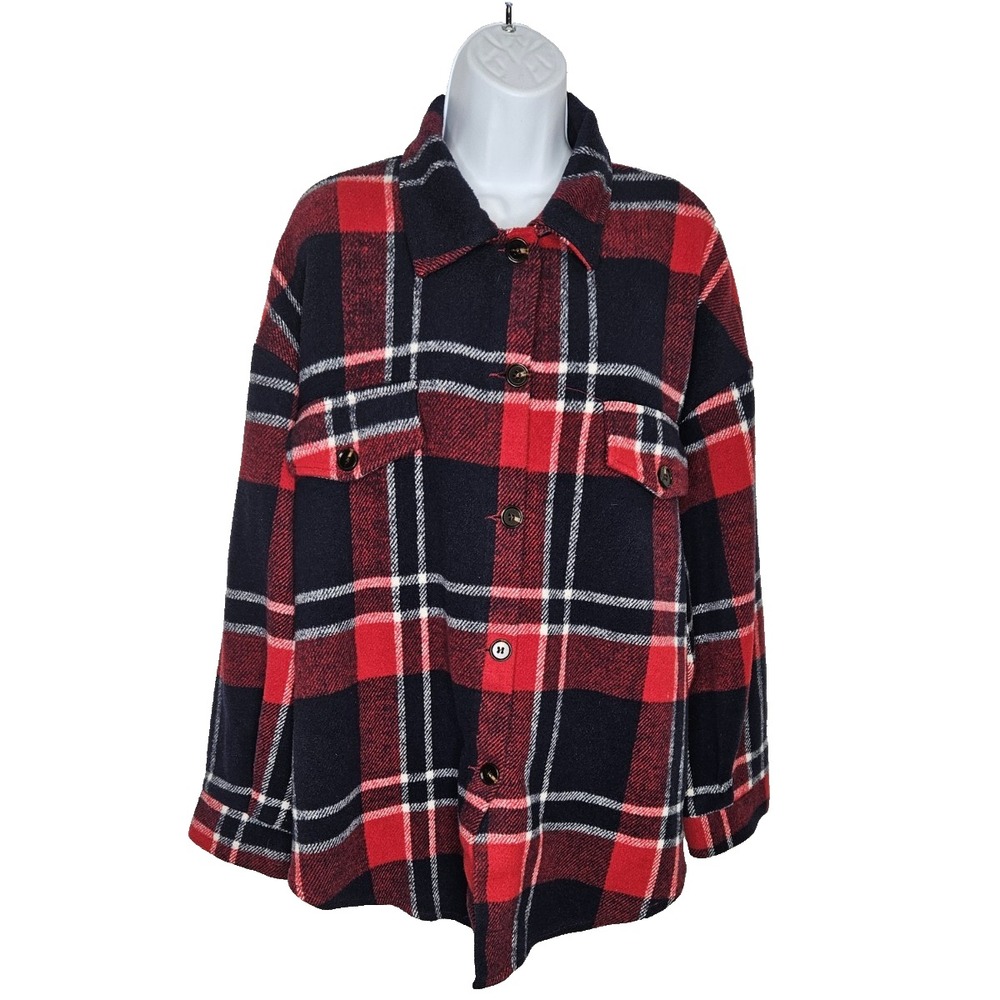 Emery‎ rose women's Flannel Shirt Jacket XL Red Black Plaid Button Down Shackit